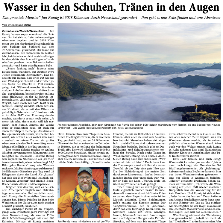 Artikel Rhein-Neckar-Zeitung Jan Rumig Te Araroa
